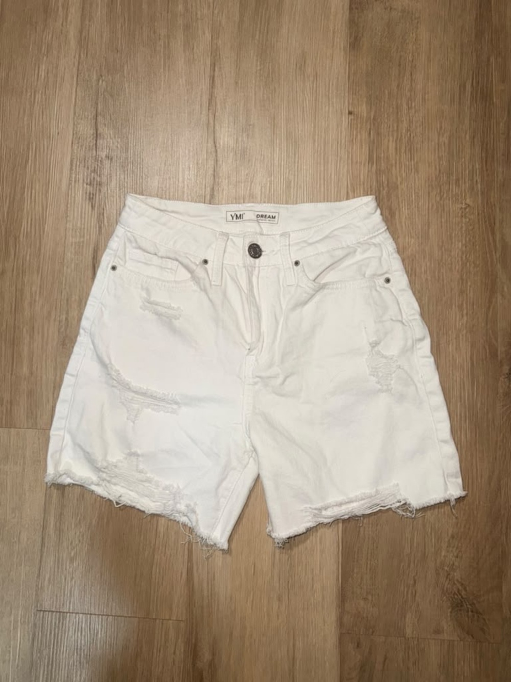 YMI White Distressed Mid-Rise Denim Shorts